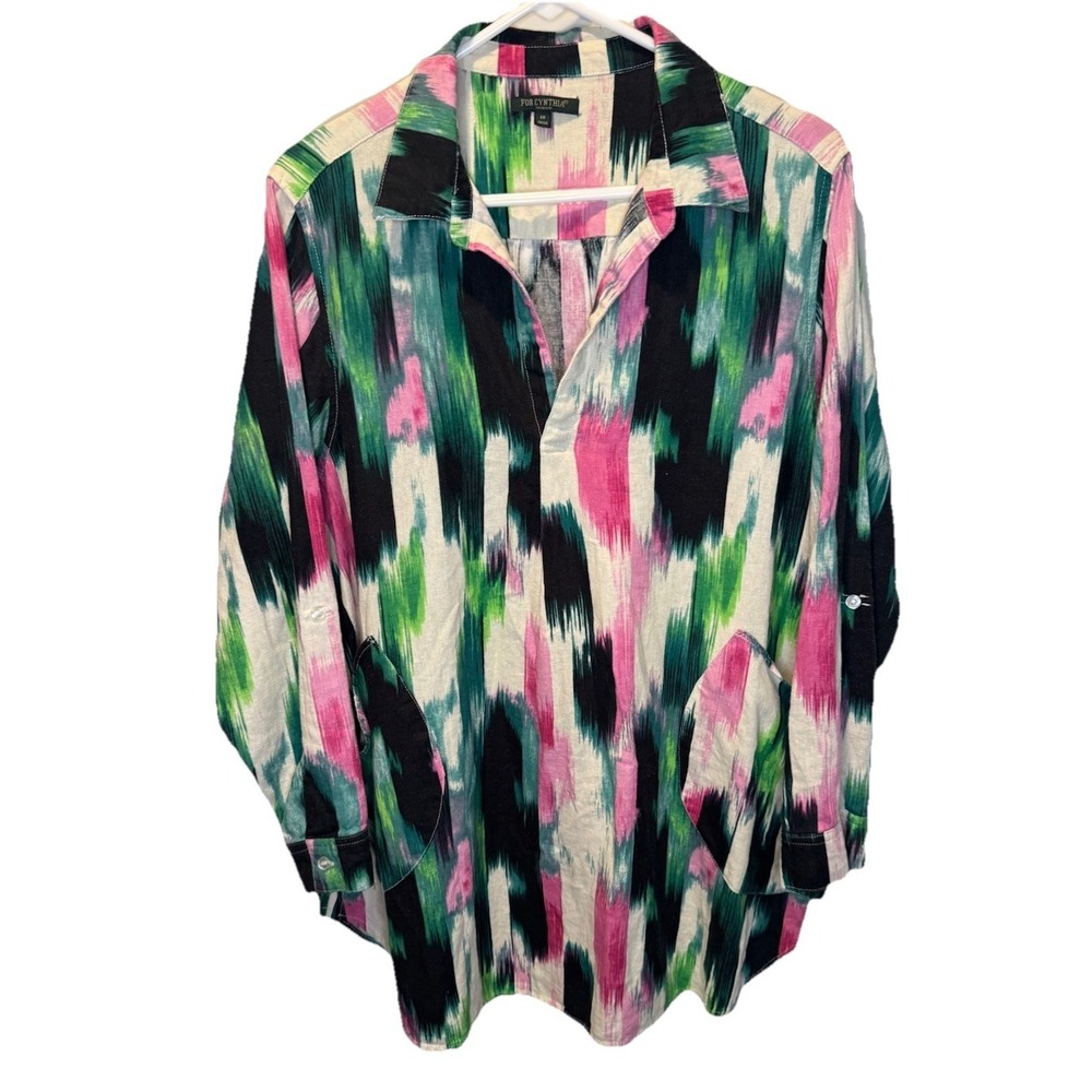 For‎ Cynthia Vibrant Brushstroke Print Roll Tab Sleeve Linen Blend Tunic Top 1X